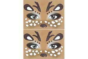 ‎GLEEVIO Gleevio Reh Gesichtstattoo Karneval,2 Stück Reh Schminke Face Art Sticker,Glitzer Tattoo Gesicht Karneval,Temporäre Tattoos,Aufkleber Rentier Kostüm Damen Zubehör für Fasching,Face Sticker,Motto Party