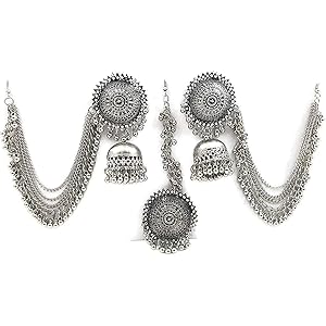 Shining Diva Fashion Latest Oxidised German Silver Antique Design Stylish Traditional Maang Tikka Jhumka Earrings Jewellery Set for Women