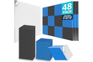 JBER Zestaw 48 paneli z pianki akustycznej, 2,5 x 30 x 30 cm, studyjne, dźwiękoszczelne, kliny, ognioodporne, dźwiękoszczelne, wyściółka, pianka do obróbki akustycznej, czarno-niebieskie