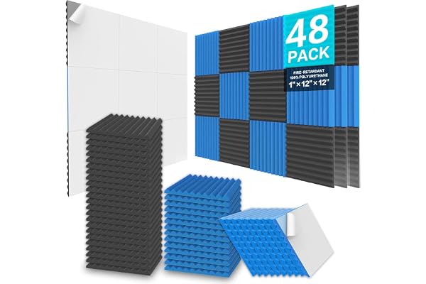 JBER Lot de 48 panneaux acoustiques en mousse - 2,5 x 30 x 30 cm - Pour studio - Insonorisant - Résistant au feu - Rembourrage acoustique en mousse - Noir et bleu