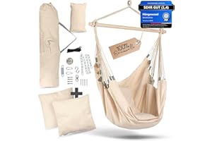 ‎BM BELLAMATILDA BELLAMATILDA Hängesessel 100% Baumwolle + 360° Montagezubehör, extra lang und 3 Kissen, Hängesessel Outdoor & Indoor, XXL-Hängesitz für Erwachsene & Kinder bis 150 kg, Garten, Wohnzimmer, Balkon-(b)