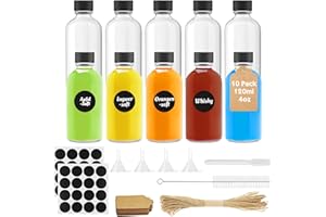 Furuising 10 Pièces Mini Bouteille Verre 120ml, Petite Bouteille en Verre Vide, Réutilisables Miniatures Bouteilles avec Bouchons Noirs, Stylo, Pendentif, Entonnoir pour Gingembre, Liqueur, Boissons