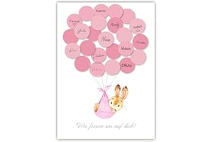 Pandawal Babyparty Deko Mädchen Gästebuch Alternative Baby Shower Set Hase (Rosa) Gastgeschenk Taufe Pullerparty Erinnerungsstück/Andenken beschreibbar/Fingerabdruck