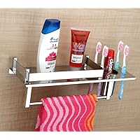 Springly Stainless Steel 3in 1 Multipurpose Bathroom Shelf Rack Towel Hanger Toothpaste Holder Bathroom Accessories(15x6 inches) Pack of 1