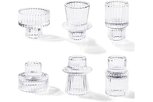 Toptime Candle Holders Set of 6, Glass Pinstripe Pattern, Reversible Tealight & Taper Holders for Wedding Dinner Party Festival