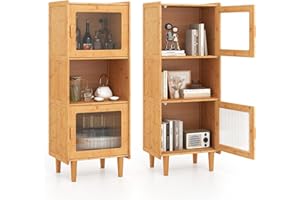 COSTWAY Szafka kuchenna z bambusa, 3-poziomowa szafka bufetowa z 2 drzwiami akrylowymi i otwartą półką, wolnostojąca szafka z witryną, szafka na zapasy do kuchni, salonu, naturalna, 49,5 x 40 x 130 cm