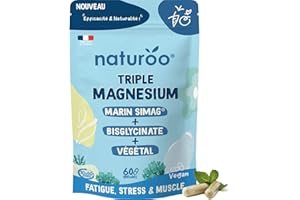 NATUROO NUTRITION Triple Magnésium - Végétal (Laitue de Mer Bio), Marin SiMAG®, Bisglycinate - 60 Gélules Vegan (1 à 2 mois) - Haute Absorption - Fatigue, Stress, Sommeil, Muscles