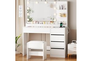 ‎ANWBROAD ANWBROAD Schminktisch mit LED Beleuchtung und Hocker, Glasplatte, Schminktisch mit Steckdosen und Großer Spiegel, Frisiertisch mit 5 Schubladen Offenen Regalen, Modern Weiß BDT74W