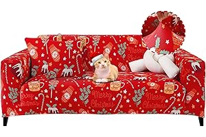 Jaotto Copridivano Natalizio 3 Posti Elasticizzato, Fodera per Divano Fantasia Antiscivolo Antimacchia, Copridivano con Braccioli Tessuto Super Morbido Universale(Candy/Guanti)