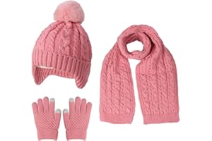 MAZELIKEHOOD Cappello Sciarpa Guanti per Bambina Set Invernale 3 Pezzi con Pon Pon Berretto di Caldo Sciarpa e Guanti per Neve Accessori Invernali per Ragazze 3-10 Anni