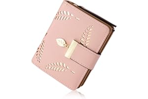 Aoliandatong Ladies Purse Wallet, Small Womens Bifold Leather Purses with Cash ID Credit Card Holder, Hollow Leaf Ladies Vegan Coin Purses Money Bags with Zip(Pink)
