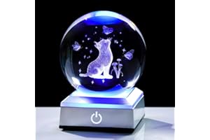 Movdyka Crystal 3D Cat and Butterfly 3.15in Ball Figurine Gifts for Women Ornaments for Room with LED Light Base Keepsakes for Cat Lover Home Decor Glass Paperweight
