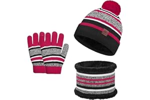 MZSYLK Kids Winter Beanie Hat Scarf Gloves Set Neck Warm Fleece Lining Pompom Knitted Hats 3 in 1 Double Layer Hat Gifts for Boys Girls Aged 2-7