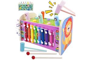 Cigrubo Juguetes de Madera 3 in 1 con Xilófono Colorido/Golpear un Topo/Laberinto, Juego Bebe Infantil Banco de Martillo, Juegos Educativos Montessori, para Juguetes Regalo Niños Niña 1 2 3 Año