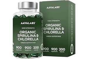Spirulina & Chlorella Bio [1800 mg] AAVALABS - Alga Spirulina Bio Compresse - Clorella e Spirulina Polvere da Alghe Naturali di Alta Qualità con Fitonutrienti - Ideale per Frullati - 200 Capsule Vegan