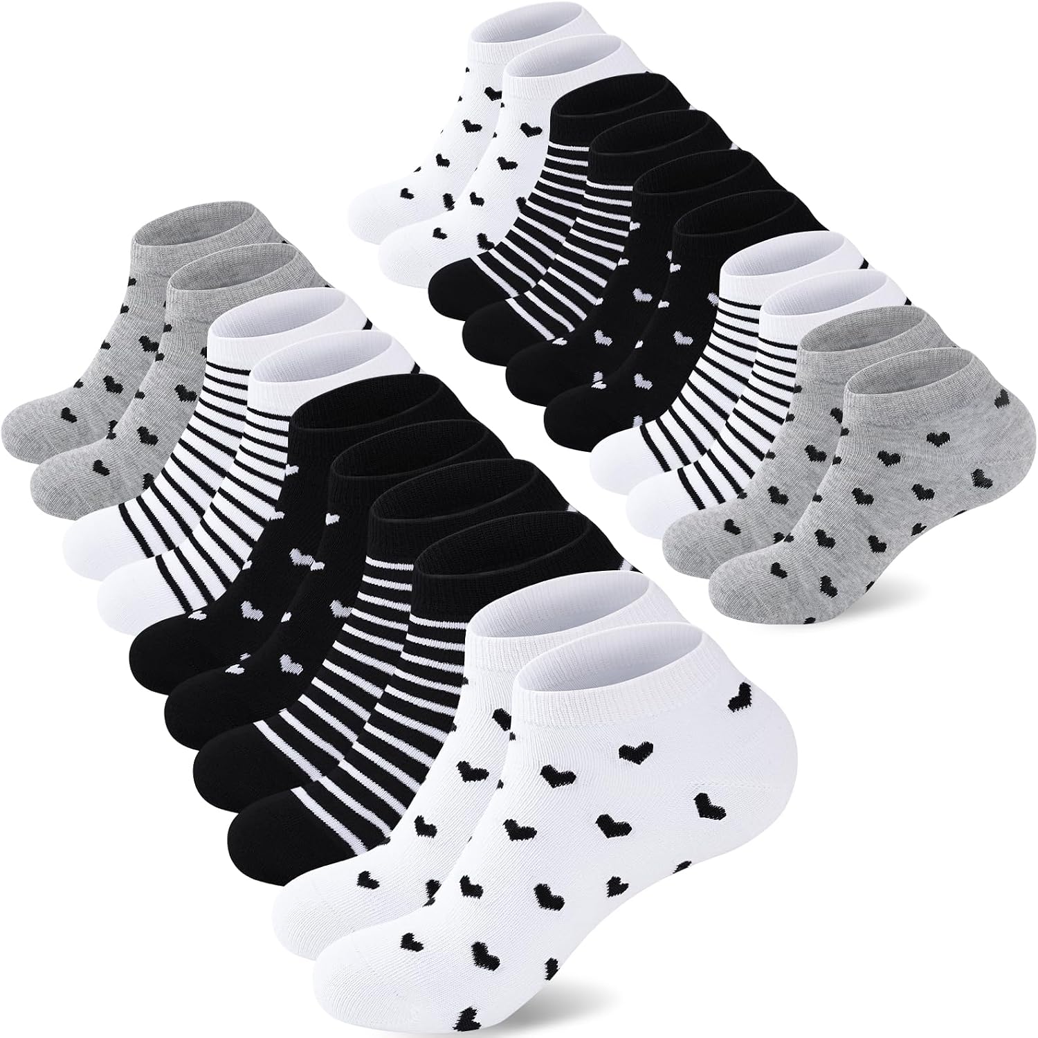 SukModen 10/20 Pares de Calcetines para Mujer Deportivos, Cortos y Transpirables de Algodón, Diseños Multicolores con Rayas, Corazones y Lunares