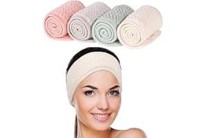 Whaline 4 Pack Spa Facial Headband Super Absorption Makeup Hair Wrap Adjustable Coral Fleece Hair Band Soft Towel Head Band for Face Washing, Shower Sports Yoga (Pea Green, Pink, Beige, Light Gray)