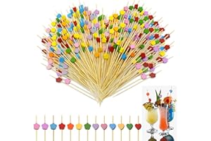LXBCTOP 200 Stück Cocktailspieße, 12cm Holz Spieße Fingerfood, Bunt Cocktail Deko, Cocktails Zahnstocher Holz mit Niedlicher Deko, Herz Plumblüten Cocktail Sticks für Bar Snacks Party Obst Kuchen