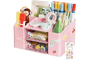 Lvjkes Stiftehalter Aufbewahrungskiste, Schreibtisch organizer 8 Fächer Große Kapazität, Doppelschicht transparente Schublade, Kann Bleistifte, Buntstifte,Verschiedene Schreibwaren aufnehmen - Rosa