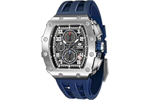 TSAR BOMBA Montre Homme Montre de Luxe Etanche 50M Tonneau Analogique Chronometre Squelette Carrée Grand Cadran Plongee Sport Montres Mouvement Japonais Bracelet Silicone Miroir Saphir Lumineux