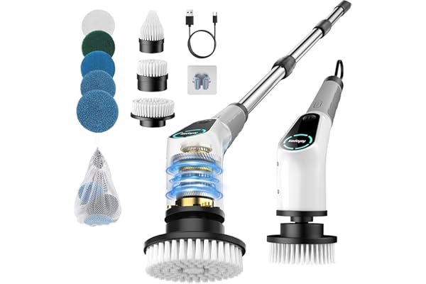 Brosse de Nettoyage électrique Rotative, Brosse de Douche avec 8 Têtes de Brosse Remplaçables, Electric Spin Scrubber avec Manche Extensible, 2 Vitesses Réglables, pour Baignoire, Coulis, Carrelage