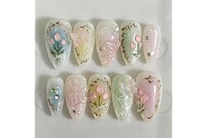 GlamRays 24 Stück Colorful Press on Nails Medium Almond Fake Nails mit 3D Blumen Schmetterling Design, Mehrfarbigem Gradient Acrylnägel, Falsche Nägel, Stiletto