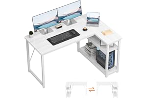 TRIUMPHKEY Escritorio Esquinero en L de 120x80 cm con Almacenamiento, Escritorio de Esquina con Estante Reversible, Estable Mesa Ordenador en L para Oficina, Estudio o Secretaría, Blanco