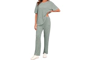 Famulily Ribbed Clothes Sets for Women Oversized Short Sleeve Tops and Wide Leg Trousers with Pockets, 2 Piece Outfits Tracksuits Loungewear Sleepwear
