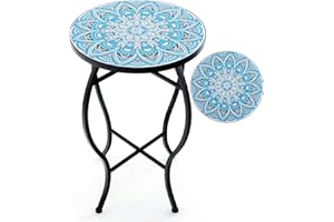 COSTWAY Garden Side Table, Mosaic Round Bistro Coffee Table with Ceramic Tile Tabletop, Indoor Outdoor Small End Accent Table Plant Stand for Patio, Balcony & Porch (Sky Blue, 35 x 55 cm)