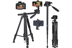LINKCOOL 74" Camera Tripod with Extension Arm for Travel Aluminum Lightweight Tripod with Travel Bag Horizontal Arm Camera DSLR Tripod Video Photography for YouTube Vlog