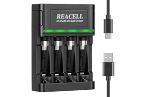 Rechargeable Battery AA AAA Charger, REACELL 4 Slots Charger for Ni-MH Ni-CD Batteries with Type C and Micro USB Input, Fast Charging Function, Battery Charger