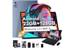 Dghrti 2025 Newest 10-Inch Android 14 Tablet, 22GB RAM+128GB ROM/TF 1TB, 8-Core 2.0GHz, 8000mAh, UFS 2.1 Flash, Metal Body, Dual WiFi, BT5.0, 8+5MP, Widevine L1, con Teclado y Ratón, Gris