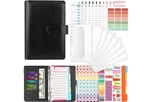 LTZGO Raccoglitore ad 6 Anelli, Budget Binder con 40Pezzi, per Bilancio e 8 Buste Trasparenti Rimovibile, Laser in Pelle PU A6 per pianificatore finanziario 84PCS (Nero）