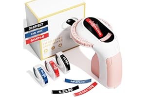Memoking Embossing Label Maker Machine-E975 3D Embossed Label Maker, Lettering Embossing Label Maker for Home Organization and DIY, Pink Handheld Embosser Labelling Machine with 3 Rolls Emboss Tapes