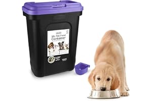 ASAB Pet Food Storage Container Large 30L/15kg Plastic Food Storage Container With Integrated Food Scoop and Flip Top Locking System Perfect for Dog Treats Dog Food and Kitten Food (Purple, Large)