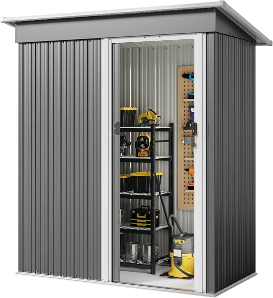 Xbro Cobertizo de Jardín Metálico, Caseta de Almacenamiento Exterior con Puerta Corredera, Estructura de Acero, Resistente a la Intemperie, Fácil Montaje, 163x89x182 cm - 1