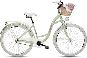 Goetze Bicicleta de ciudad retro vintage holandesa para mujer, ruedas de aluminio de 28 pulgadas, 1 marcha, freno de contrapedal, entrada profunda, cesta con acolchado gratis.