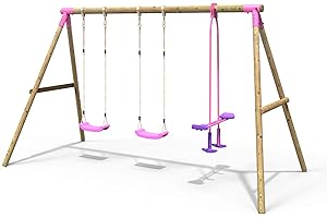 Rebo® Children's Wooden Garden Swing Set - Neptune Pink | OutdoorToys | Pressure Treated Timber, Soft Feel Ropes, Twin Seat Glider, Sturdy Construction for Kids