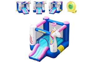 DREAMADE Château Gonflable pour Enfants 3-10 Ans en Forme de Licorne, 2 en 1 Aire de Jeux Gonflable avec Toboggan, Trampoline et Panier, 189 X 271 X 196 CM (avec Gonfleur 450W)