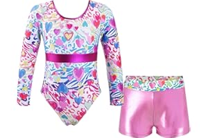 ranrann Enfant Fille Justaucorps Gymnastique Brillant avec Short Ensemble Danse Gym Métallique Costume Spectacle 5-14 Ans