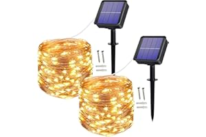 Augone [2 Pack Solar String Lights, 100 LED 10M/32Ft 8 Modes Solar Fairy Lights Waterproof Outdoor/Indoor Garden Lights Copper Wire Lighting for Wedding, Patio, Yard, Festoon, Christmas (Warm White)