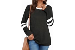 Fisoew Damska koszulka z długim rękawem w paski, blok kolorów, okrągły dekolt, luźna bluza z długim rękawem