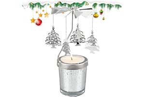 COSIESNEST Świąteczny Świecznik Obrotowy na Podgrzewacze - Metalowy, Szklany, Srebrny Karuzelowy - Choinka, Święty Mikołaj - Na Boże Narodzenie, Ślub, Dekoracja Domu (A)
