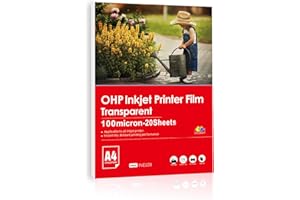 Inkuway Feuille Transparente Imprimable A4 OHP 20 Feuilles Films Transparents pour Rétroprojecteur, Impression Jet d'Encre