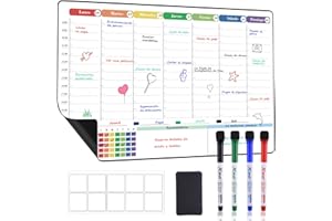 POPRUN Calendario Magnetico para Nevera, Planificador Semanal Magnetica, Organizador Familiar Pizarra Borrable, Ideal Planificador de Menú,Lista de la Compra, 42×28cm - en Español