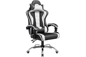 Yaheetech Sedia Gaming Ergonomica Massaggiante Reclinabile con Poggiatesta e Supporto Lombare Braccioli Imbottiti in Finta Pelle, Poltrona Gamer da Scrivania con Ruote Girevole Bianco