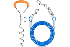 Chuiendi Dog Tie Out Cable and Stake, 3M/9.8FT Pet Tether Training Line with Swivel Hook and Shock Absorbing Spring, Dogs Lead for Yard Outdoor and Camping for Small Medium Large Pets Up to 120 LBS