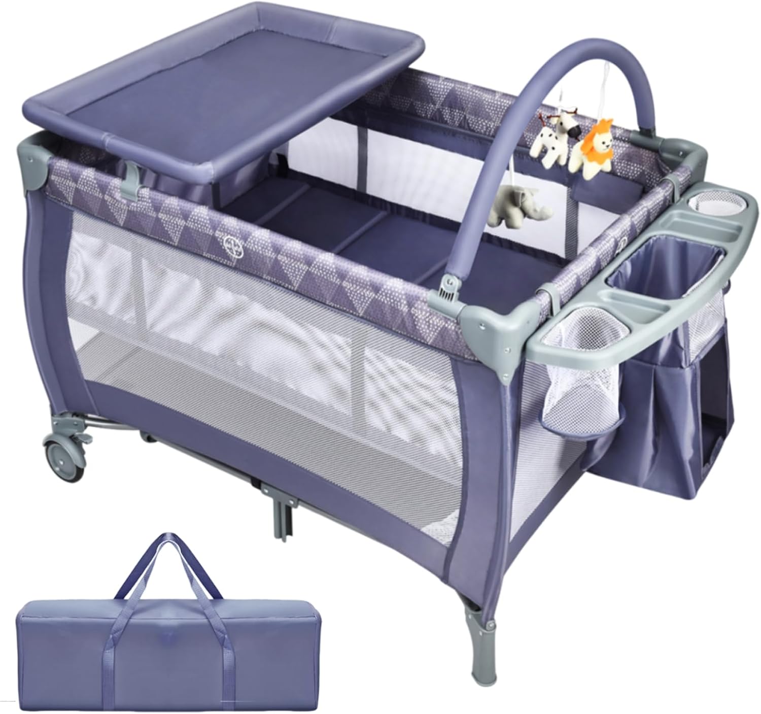 Maxmass 3 in 1 Baby Travel Cot, Foldable Bedside Crib with Changing Table, Hanging Toys, Wheel, Carry Bag, Infants Nursery Center Baby Cot Bed for 0-36 Months (Gray)