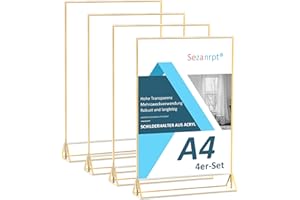 ‎SEZANRPT Sezanrpt A4 Acryl Zeichen Halter mit Gold Boarder 4 Pack, Hochzeit Tischnummern Display Stand Doppelseite, klare Menü Halter für Tischplatte, Restaurant Einzelhandel, Papierhalter, Bilderrahmen