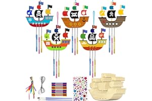 MEANJU Bricolage Bateau de Pirate en Bois 10 Pièces, Bricolage Bateau Pirate Enfant Carillon à Vent, Artisanat de Bateau de Pirate à Peindre, Artisanat en Bois pour Enfants (multicolour-2)